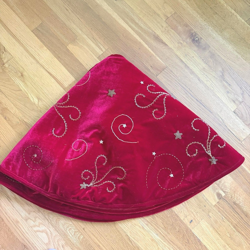 Christmas Tree Skirt Dark Red Velvet Gold Star Swirl 46 Inch
